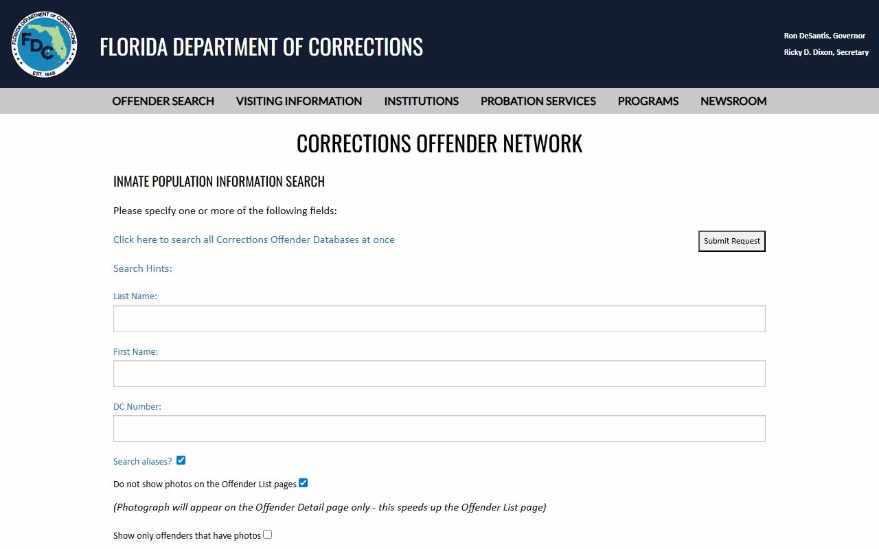 Florida DOC inmate population search form used to look up the sentenced Okeechobee County prison population