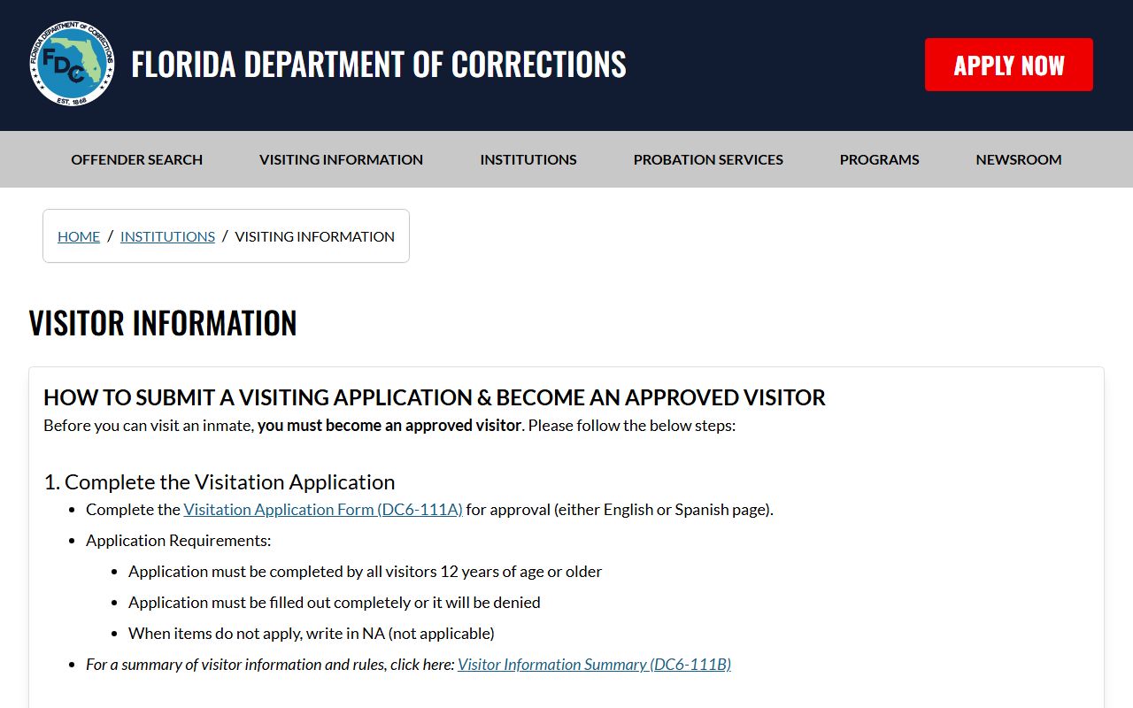 Florida DOC statewide prison visiting information page for Okeechobee Correctional Institution