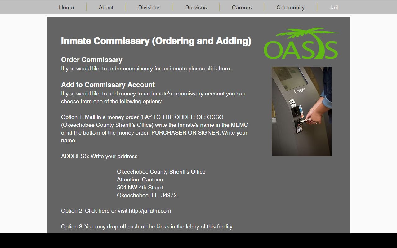 Okeechobee County Jail commissary and money deposit page powered by JailATM