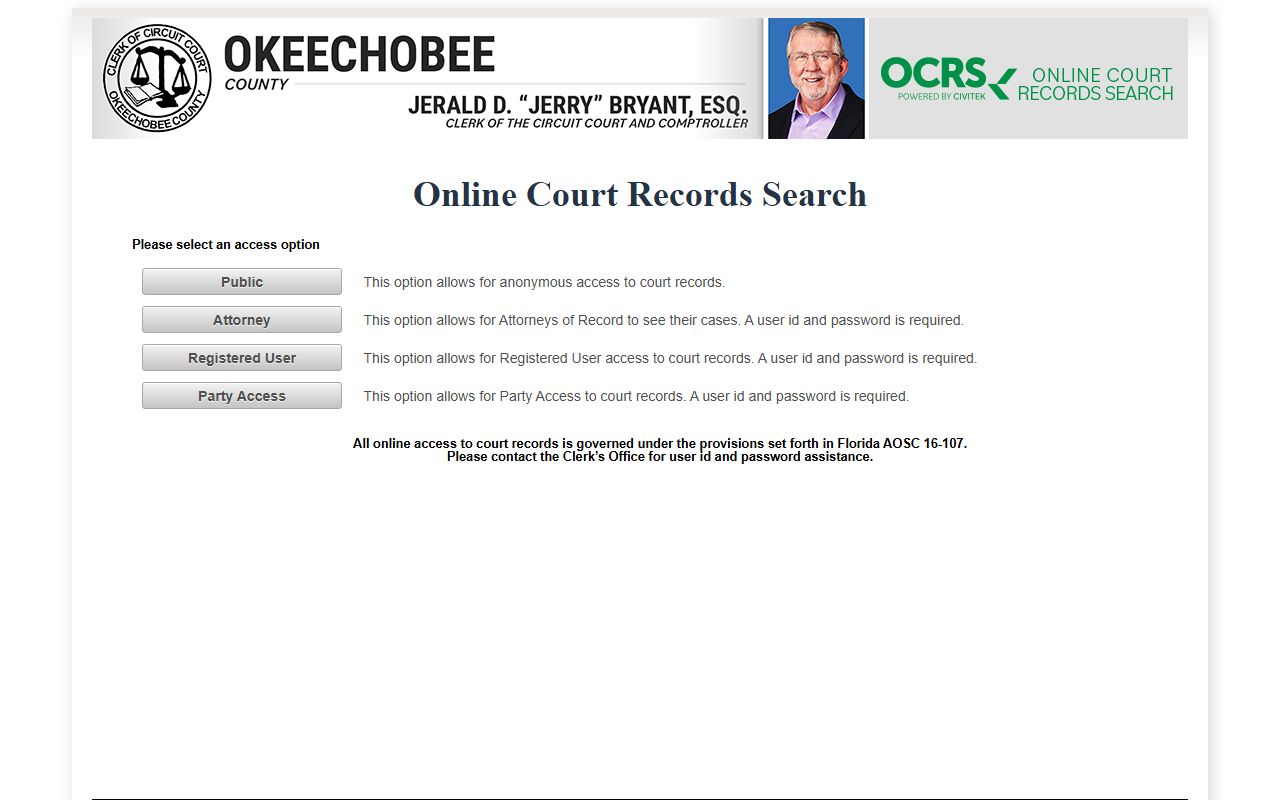 Okeechobee County OCRS court records search entry page used after a jail arrest