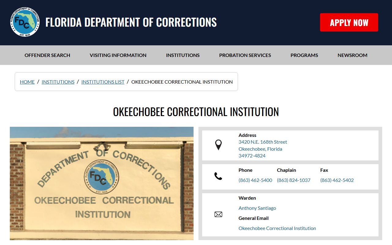 Okeechobee Correctional Institution Florida DOC facility page with capacity and visiting information
