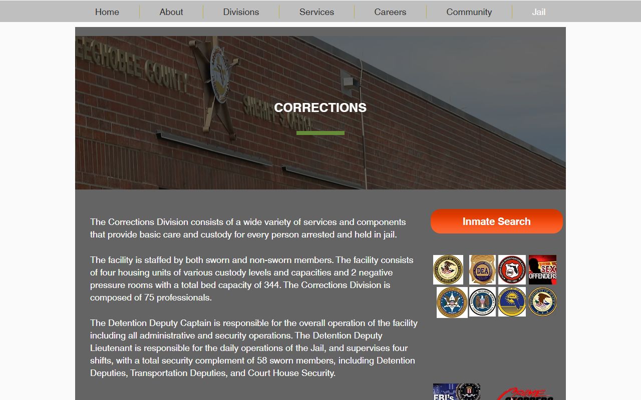 Okeechobee County Jail corrections overview page with capacity, housing units, and inmate services