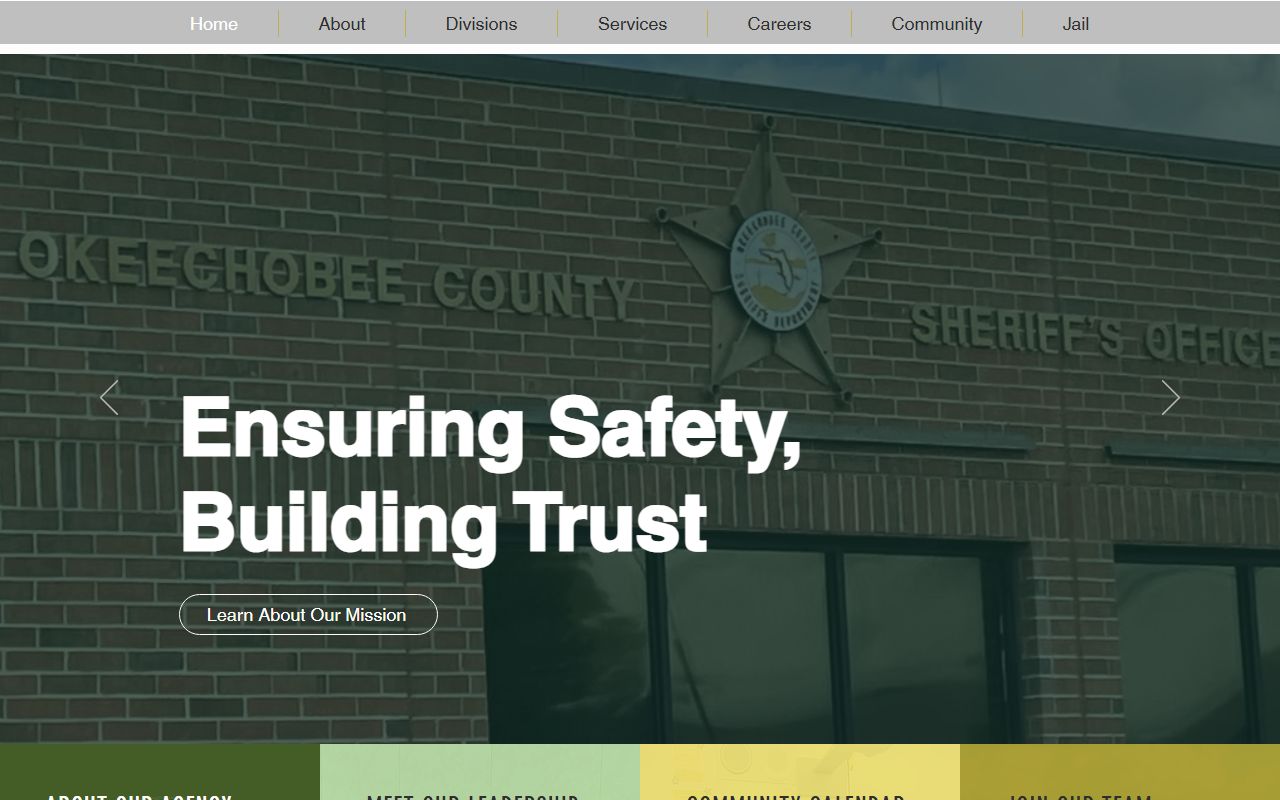 Okeechobee County Sheriff's Office homepage with navigation to the jail inmate records search