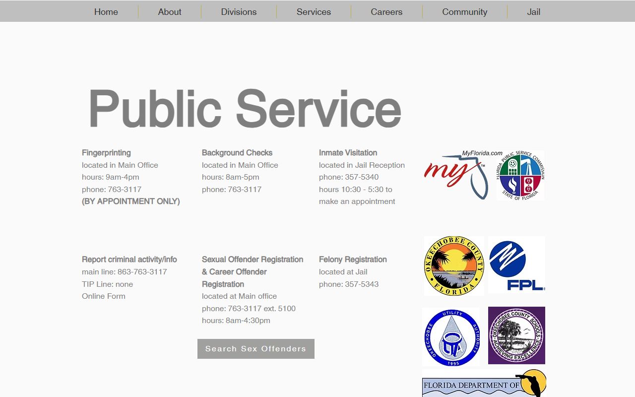 Okeechobee County Sheriff public services page used to request a jail booking photo